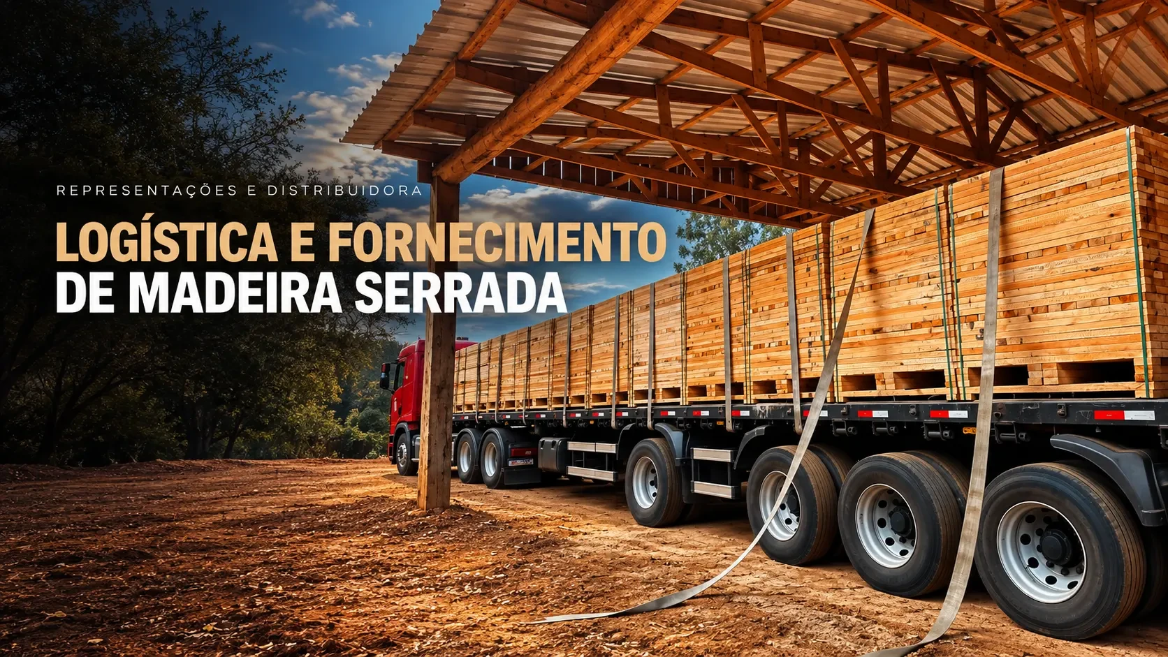 Carreta com madeira serrada sob estrutura de madeira — logística e fornecimento